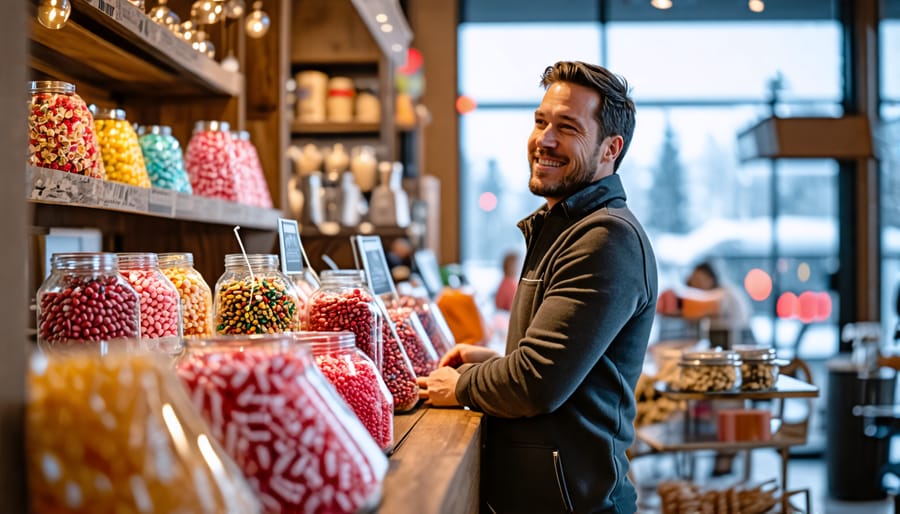 Calgary entrepreneur standing in their shop with a selection of freeze-dried candies