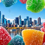 An assortment of colorful freeze-dried candies with various shapes and textures positioned against the iconic Calgary skyline, representing the local interest in these innovative treats.