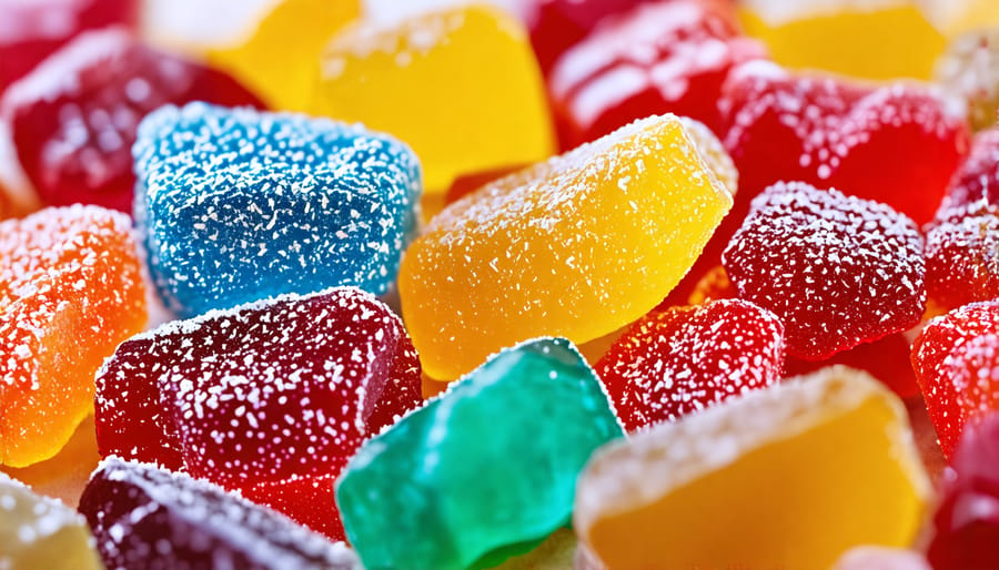 Various freeze-dried candies in different colors and shapes arranged aesthetically