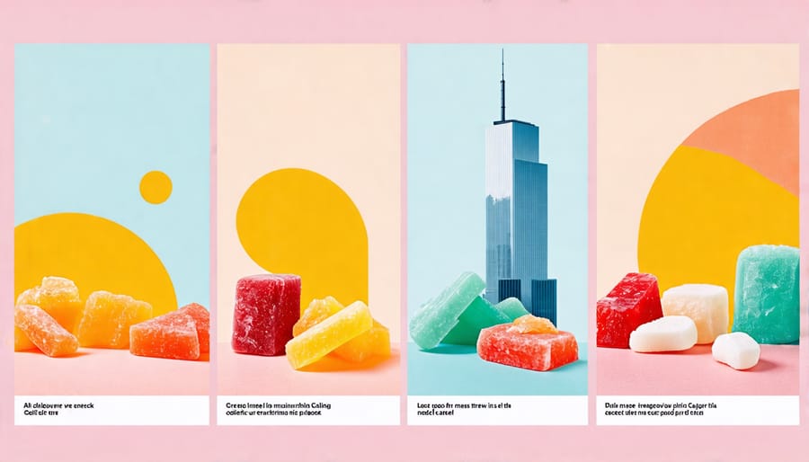 Instagram posts of freeze-dried candies with Calgary landmarks in the background