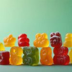 A colorful assortment of THC gummies displayed in various shapes and packaging, highlighting the diversity and vibrant options available in Calgary's market. The backdrop subtly suggests an urban Calgary setting, emphasizing the community aspect of cannabis consumption.