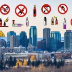 Conceptual depiction of Calgary's skyline with symbolic vape regulations, featuring age restrictions and prohibition icons, illustrating the city's new vaping rules.