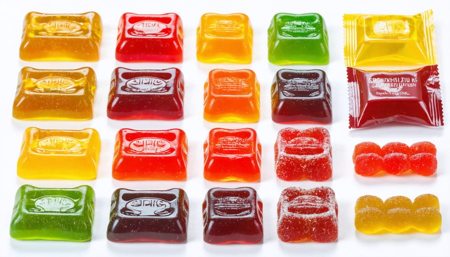 A selection of colorful THC gummy packages highlighting their variety